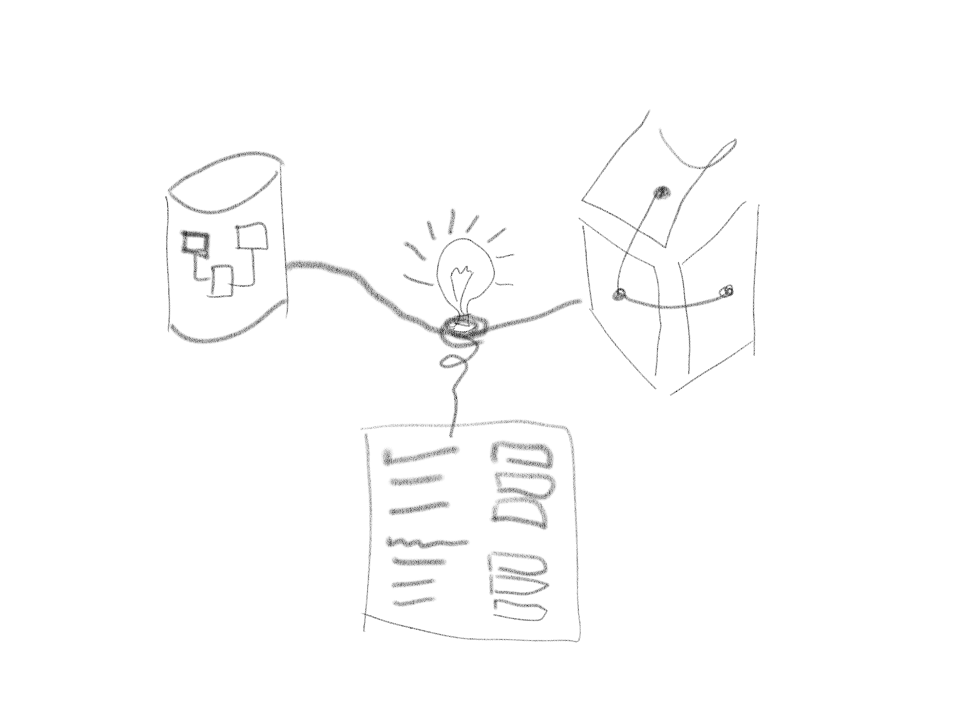 A sketch showing a database, semantic RDF and a form pulling at an idea