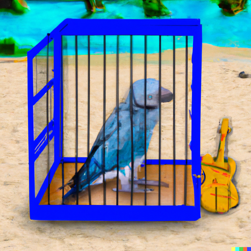 A parrot in a cage on an island beach